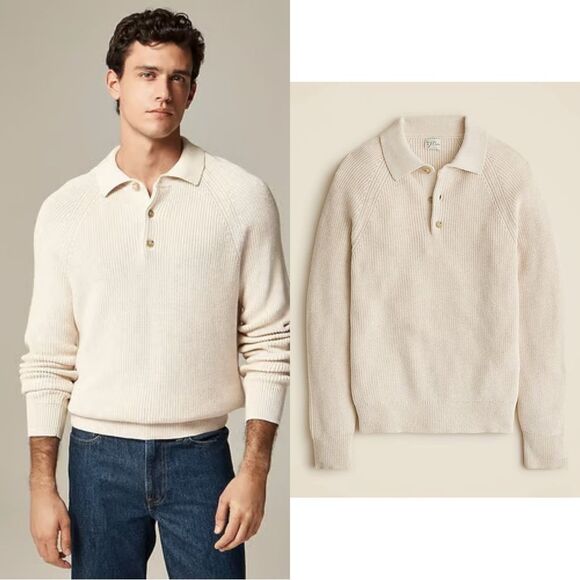 NEW J CREW Ribbed heritage cotton sweater-polo in Natural - Picture 1 of 5